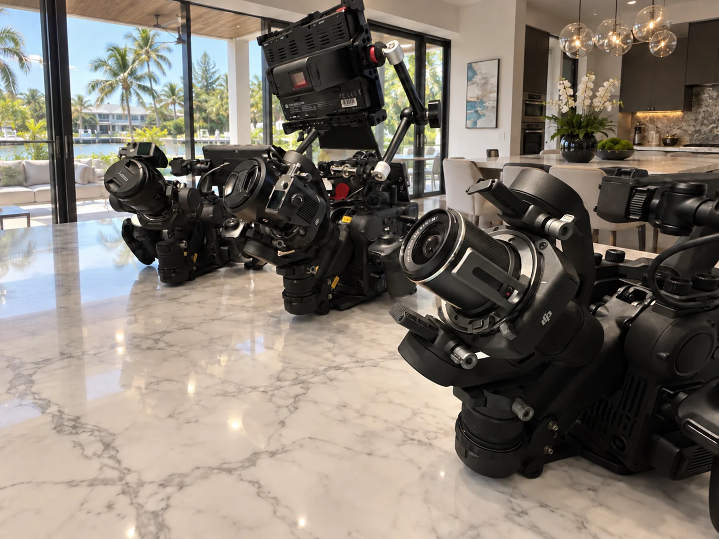 Cinema camera rigs set up in a waterfront home